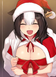 Rule 34 | 1girl, :d, ^ ^, bad id, bad pixiv id, black hair, breasts, capelet, cccpo, christmas, closed eyes, cow girl, hat, holstein (cccpo), large breasts, multicolored hair, open mouth, original, red hat, red ribbon, ribbon, santa hat, short hair, smile, solo, two-tone hair, white hair
