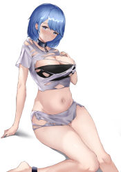 Rule 34 | 1girl, ankle cuffs, azur lane, bad id, bad pixiv id, bandeau, bare legs, blue eyes, blue hair, blush, breasts, chain, chapayev (azur lane), chapayev (the captive cavalier) (azur lane), cleavage, closed mouth, collar, commentary, cowboy shot, cropped shirt, groin, hand on own chest, large breasts, looking at viewer, midriff, mole, mole on breast, navel, parted bangs, shichi (ratorin53), shirt, short hair, simple background, sitting, smile, solo, strapless, thighs, torn clothes, tube top, white background, white shirt