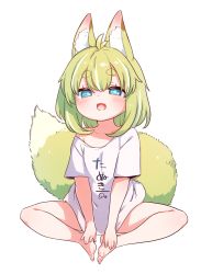 Rule 34 | 1girl, animal ear fluff, animal ears, bare legs, barefoot, blue eyes, done (donezumi), fox ears, fox girl, fox tail, highres, indian style, legs, looking at viewer, original, short hair, simple background, sitting, solo, tail, thick eyebrows, toes, white background