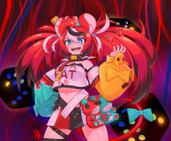 Rule 34 | 1girl, animal ears, asymmetrical sleeves, blue eyes, collar, dice, gloves, hakos baelz, hand on own hip, highres, hololive, hololive english, jb jagbung, midriff, miniskirt, mouse ears, mouse tail, navel, red hair, single glove, skirt, spiked collar, spikes, tail, twintails, virtual youtuber