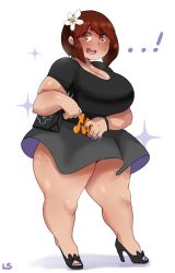 Rule 34 | 1girl, bag, breasts, brown eyes, brown hair, cellphone, cleavage, dress, earrings, flower, hair flower, hair ornament, handbag, high heels, highres, huge breasts, jewelry, lightsource, nail polish, phone, plump, purin (lightsource), solo, thick eyebrows, thick thighs, thighs