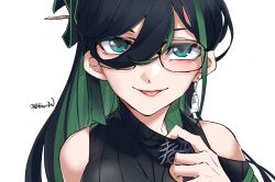 Rule 34 | 1girl, bidortw, black hair, breasts, chinese commentary, clothing cutout, collar tug, commentary request, earrings, glasses, glint, green eyes, green hair, hair between eyes, hair ornament, hair stick, highres, jewelry, kombu (springfish), long hair, medium breasts, portrait, ribbed sweater, shoulder cutout, single earring, solo, springfish studio, sweater, tongue, tongue out, turtleneck, twitter username