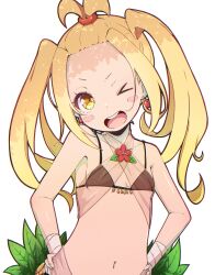 Rule 34 | 1girl, absurdres, bare shoulders, blonde hair, blush, bra, breasts, earrings, flower, hand on own hip, highres, jewelry, leaf, liliana masquerade, navel, one eye closed, petite, psyto qy2, re:zero kara hajimeru isekai seikatsu, see-through, small breasts, solo, teeth, twintails, underwear, upper teeth only, white background, yellow eyes