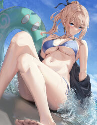Rule 34 | 1girl, absurdres, bakemonsou, barefoot, beach, bikini, black shirt, blonde hair, blue bikini, blue eyes, blue nails, blue sky, breasts, cloud, commission, day, earrings, feet, foot out of frame, genshin impact, highres, innertube, jean (genshin impact), jewelry, knees together feet apart, knees up, large breasts, legs, navel, off shoulder, outdoors, pixiv commission, ponytail, shirt, single earring, sitting, sky, solo, stomach, swim ring, swimsuit, thighs, toes, underboob, water, wet