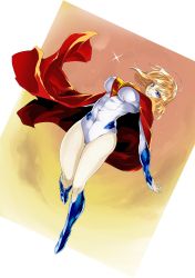 Rule 34 | 1girl, animification, blonde hair, blue eyes, breasts, cape, dc comics, flying, gloves, highres, izuna nie, kryptonian, large breasts, power girl, red cape, short hair, skin tight, smile, solo, spandex, star (symbol), supergirl, superhero costume, superman (series), thighs