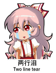 Rule 34 | 1girl, :&gt;, bow, chibi, chinese commentary, chinese text, commentary request, cowboy shot, crying, crying with eyes open, english text, fujiwara no mokou, hair between eyes, hair bow, jokanhiyou, long hair, lowres, open mouth, pants, pink hair, puffy short sleeves, puffy sleeves, red eyes, red pants, shirt, short sleeves, simple background, simplified chinese text, solo, streaming tears, suspenders, tears, touhou, translation request, very long hair, white background, white bow, white shirt
