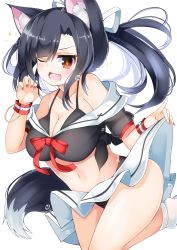 Rule 34 | 1girl, ;d, animal ears, azur lane, black hair, black panties, breasts, brown eyes, cleavage, clothes lift, collarbone, commentary request, hidaka0503, looking at viewer, low ponytail, nail polish, navel, one eye closed, open mouth, panties, pleated skirt, school uniform, serafuku, shigure (azur lane), short hair, skirt, skirt lift, smile, solo, sparkle, tail, underwear, wolf ears, wolf tail