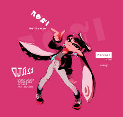 Rule 34 | + +, 1girl, alternate costume, black hair, black jacket, bow, callie (splatoon), dated, earrings, eyebrows, finger gun, full body, hair bow, highres, inkling, jacket, jewelry, long hair, looking at viewer, mole, mole under eye, nintendo, one eye closed, open clothes, open jacket, pants, pink eyes, pink theme, pointy ears, seto (asils), shirt, simple background, solo, splatoon (series), splatoon 1, symbol-shaped pupils, t-shirt, tentacle hair, tentacles, thick eyebrows, white pants
