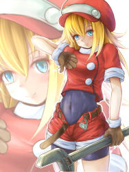 Rule 34 | 1girl, belt, blonde hair, blue eyes, blush, bodysuit, breasts, brown belt, brown gloves, closed mouth, commentary request, covered navel, cowboy shot, gloves, hat, holding, long hair, looking at viewer, mega man (series), mega man legends (series), noratama-nyan, outline, red hat, red shirt, red shorts, roll caskett (mega man), shirt, short sleeves, shorts, skin tight, small breasts, smile, solo, standing, thumbs down, unbuttoned, white background, white outline, wrench, zoom layer