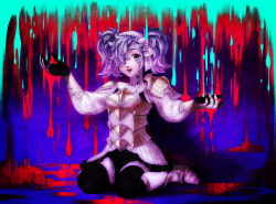 Rule 34 | 1girl, armor, bad id, bad pixiv id, blood, blue hair, boots, fire emblem, fire emblem fates, gauntlets, gloves, gradient background, hair over one eye, hair ribbon, highres, kneeling, looking at viewer, multicolored hair, nintendo, open mouth, ouse (otussger), peri (fire emblem), pink eyes, pink hair, ribbon, solo, twintails, two-tone hair