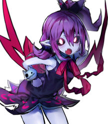 Rule 34 | 1girl, black sclera, colored sclera, colored skin, fang, glowing, glowing eyes, hands on own hips, highres, monster girl, musume (yuunama), neck ribbon, nishiide kengorou, open mouth, pointy ears, purple hair, purple skin, ribbon, side ponytail, simple background, sleeveless, solo, v yuusha no kuse ni namaiki da r, yuusha no kuse ni namaiki da