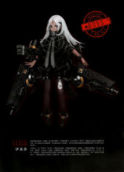 Rule 34 | 1girl, absurdres, artist request, black background, black cape, black eyes, black footwear, black pantyhose, black shorts, boots, bow, bracelet, cape, character name, character profile, chinese text, closed mouth, dark-skinned female, dark skin, dual wielding, elisa (girls&#039; frontline), emblem, eyebrows, facial mark, fingernails, forehead mark, full body, girls&#039; frontline, grey hair, hair bow, headgear, highres, holding, huge weapon, jewelry, long hair, looking at viewer, magazine (weapon), non-web source, official art, open hand, pantyhose, poncho, sangvis ferri, scan, serious, shorts, simple background, solo, standing, text focus, translation request, weapon