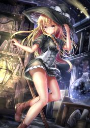 Rule 34 | 1girl, apron, bare legs, black dress, black hat, blonde hair, book, bookshelf, boots, bottle, bow, braid, breasts, broom, brown footwear, checkered floor, dress, fii fii (feefeeowo), hat, hat bow, hat tug, highres, kirisame marisa, lantern, long hair, looking at viewer, medium breasts, puffy short sleeves, puffy sleeves, scroll, short dress, short sleeves, side braid, smile, solo, sparkle, standing, star (symbol), table, touhou, underbust, white bow, witch hat, yellow eyes