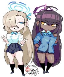 2girls asuna_(blue_archive) black_hair blonde_hair blue_archive blue_eyes blue_halo blue_ribbon breasts chibi chibi_inset dark-skinned_female dark_skin gountro halo karin_(blue_archive) large_breasts long_hair multiple_girls neru_(blue_archive) purple_halo ribbon school_uniform shirt very_long_hair white_shirt yellow_eyes