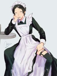 Rule 34 | 1boy, adachi tooru, alternate costume, apron, arm support, black dress, black eyes, black hair, black thighhighs, clothes lift, collared dress, commentary request, crossdressing, dress, enmaided, frilled apron, frills, garter straps, grey background, hand on own cheek, hand on own face, hand up, head rest, lifted by self, long sleeves, looking at viewer, maid, maid apron, maid headdress, male focus, male maid, momotamago, persona, persona 4, short hair, signature, simple background, sitting, skirt, skirt lift, solo, table, thighhighs, white apron
