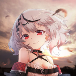 Rule 34 | 1girl, belt, black collar, black hair, blush, breasts, camisole, cleavage, collar, collarbone, fang, frilled camisole, frills, grey hair, hair ornament, heart collar, heart pendant, hololive, karorena, large breasts, looking at viewer, medium hair, multicolored hair, off-shoulder jacket, off shoulder, red eyes, sakamata chloe, solo, streaked hair, virtual youtuber, white camisole, x hair ornament