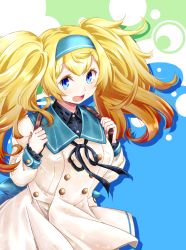 Rule 34 | 1girl, alternate costume, backpack, bag, blonde hair, blue background, blue eyes, blush stickers, bow, coat, commentary request, frilled sleeves, frills, gambier bay (kancolle), hairband, kantai collection, long hair, long sleeves, looking at viewer, open mouth, sailor collar, smile, solo, twintails, upper body, yuzu momo