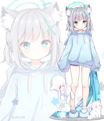 Rule 34 | 1girl, aged down, animal ear fluff, animal ears, aqua hoodie, bare legs, blue archive, blue eyes, blue shorts, closed mouth, commentary request, cross hair ornament, dog, dot mouth, full body, grey hair, hair ornament, halo, holding, holding clothes, holding scarf, holding stuffed toy, korean commentary, looking at viewer, medium hair, mismatched pupils, mixed-language commentary, scarf, shiroko (blue archive), shorts, simple background, sleeves past wrists, slippers, socks, standing, stuffed toy, subin (subin 2011), twitter username, two side up, white background, white socks, wolf ears, wolf girl, zoom layer
