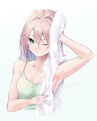 Rule 34 | 1girl, armpits, blue background, blue eyes, closed mouth, collarbone, cropped torso, hair between eyes, highres, holding, holding towel, kantai collection, medium hair, one eye closed, pink hair, shiranui (kancolle), simple background, solo, towel, twitter username, u yuz xx, upper body