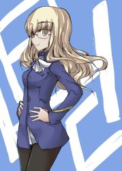 Rule 34 | 1girl, ascot, blonde hair, blue background, from side, glasses, hands on own hips, long hair, pantyhose, perrine h. clostermann, sawaki saki, smile, solo, strike witches, uniform, wavy hair, world witches series, yellow eyes