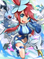 Rule 34 | 1girl, :d, blue background, blue eyes, blue footwear, blue gloves, blue jacket, blue shorts, boots, breasts, commentary request, cramorant, creatures (company), cropped jacket, elbow gloves, feathers, full body, furofuroppi, game freak, gen 5 pokemon, gen 8 pokemon, gloves, gym leader, hair between eyes, hair ornament, highres, holster, jacket, large breasts, looking at viewer, midriff, navel, nintendo, one side up, open mouth, pilot suit, pokemon, pokemon (creature), pokemon bw, pouch, red hair, short shorts, shorts, sidelocks, skindentation, skyla (pokemon), smile, solo focus, swanna, teeth, thigh holster, thigh pouch, thigh strap, upper teeth only, woobat