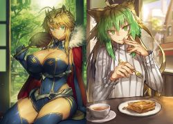Rule 34 | 2girls, ahoge, animal ears, artoria pendragon (fate), artoria pendragon (lancer) (fate), atalanta (fate), blue legwear, blue leotard, braid, breasts, cape, cat ears, chair, cleavage, cleavage cutout, closed mouth, clothing cutout, covered navel, crown, cup, detached sleeves, eating, fate/grand order, fate (series), finger to mouth, fork, french braid, fur-trimmed cape, fur trim, gradient hair, green eyes, green hair, hair between eyes, heattech leotard, holding, holding fork, house, indoors, large breasts, leotard, looking at viewer, melon22, multicolored hair, multiple girls, plate, red cape, ribbed sweater, shouji, sidelocks, sitting, sliding doors, smile, steam, sweater, table, tatami, tree, turtleneck, turtleneck sweater, two-tone hair, window