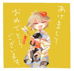 Rule 34 | 1girl, akeome, alternate costume, animal print, antenna hair, arrow (projectile), bell, blonde hair, blue kimono, blush stickers, border, closed eyes, commentary request, cowboy shot, facing viewer, flipped hair, flower, hair flower, hair ornament, hamaya, happy new year, holding, holding arrow, japanese clothes, jingle bell, kimono, multicolored clothes, multicolored kimono, new year, obi, obijime, open mouth, print kimono, red flower, sash, short hair, simple background, smile, solo, suyazzz (soyoyon), translation request, two-handed, urotsuki, white border, white kimono, yellow background, yume 2kki