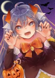 Rule 34 | 1girl, basket, bat (animal), black dress, black sleeves, blue eyes, blue hair, bow, bowtie, candy, candy cane, claw pose, commentary, crescent moon, detached sleeves, dress, english commentary, fangs, food, halloween, halloween bucket, halloween costume, hatsune miku, hayayon, highres, jack-o&#039;-lantern, leaning forward, long hair, looking at viewer, mixed-language commentary, moon, night, open mouth, orange bow, outdoors, sleeveless, sleeveless dress, solo, star (sky), strapless, strapless dress, twintails, very long hair, vocaloid