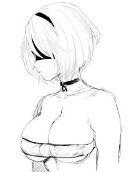 Rule 34 | 1girl, arms at sides, bikini, bra, breasts, choker, closed mouth, commentary request, eyepatch bikini, greyscale, hairband, jewelry, large breasts, mellow rag, mole, mole under mouth, monochrome, nier (series), nier:automata, pendant, profile, short hair, simple background, solo, underwear, upper body, 2b (nier:automata)