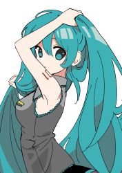 Rule 34 | 1girl, adjusting hair, arm up, armpits, blue eyes, breasts, closed mouth, dress, from side, grey dress, hatsune miku, highres, long hair, looking at viewer, medium breasts, sayuwan, simple background, sleeveless, solo, twintails, very long hair, vocaloid, white background