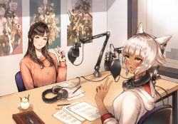 Rule 34 | 2girls, absurdres, animal ears, black hair, blush, book, brown eyes, cat ears, commentary request, facial mark, final fantasy, final fantasy xiv, grey eyes, headphones, highres, hjz (artemi), hood, hood down, hoodie, indoors, kayano ai, long hair, looking at viewer, looking back, microphone, miqo&#039;te, multiple girls, open mouth, poster (object), real life, recording studio, short hair, silver hair, sitting, smile, sweater, v, voice actor, voice actor connection, window, y&#039;shtola rhul