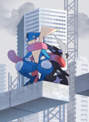 Rule 34 | absurdres, alternate color, building, commentary, creatures (company), day, from below, game freak, gen 6 pokemon, greninja, highres, looking down, nintendo, outdoors, pokemon, pokemon (creature), red eyes, ruchino (riraga), shiny and normal, shiny pokemon, skyscraper, squatting, symbol-only commentary, tongue scarf