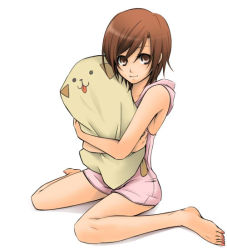 Rule 34 | 1girl, aged down, barefoot, brown eyes, brown hair, casual, feet, female focus, full body, kurota, meiko (vocaloid), nail polish, hugging object, pillow, pillow hug, short hair, solo, toenail polish, toenails, vocaloid, white background