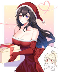 Rule 34 | 1boy, 1girl, appletea, bai winchester, bare shoulders, black hair, blonde hair, border, breasts, christmas, cleavage, closed mouth, closers, collarbone, crossed bangs, dot nose, dress, elbow gloves, gift, gloves, hair between eyes, hat, heterochromia, high ponytail, highres, holding, holding gift, holding sign, large breasts, light frown, long hair, looking at viewer, multiple girls, off-shoulder dress, off shoulder, pom pom (clothes), purple eyes, red dress, red eyes, red gloves, santa hat, sign, sparkle, split mouth, white border, wolfgang schneider