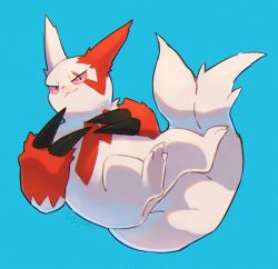 Rule 34 | blue background, claws, closed mouth, commentary request, creatures (company), full body, game freak, gen 3 pokemon, highres, kikuyoshi (tracco), looking at viewer, nintendo, pink eyes, pokemon, pokemon (creature), signature, smile, solo, white fur, zangoose