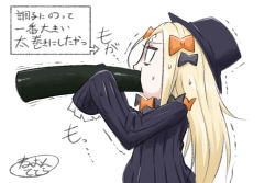 Rule 34 | 1girl, abigail williams (fate), black bow, black dress, black hat, blonde hair, bow, commentary request, dress, ehoumaki, fate/grand order, fate (series), food, food in mouth, hair bow, hands up, hat, highres, holding, holding food, long hair, long sleeves, makizushi, neon-tetora, orange bow, parted bangs, profile, signature, simple background, sleeves past fingers, sleeves past wrists, solo, sushi, sweat, translation request, trembling, upper body, very long hair, white background