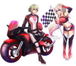 Rule 34 | 1boy, 1girl, belt, blonde hair, blue eyes, bodysuit, breasts, character request, checkered flag, copyright request, dot nose, ears, flag, helmet, holding, holding helmet, kamaniki, looking at viewer, medium breasts, midriff, motor vehicle, motorcycle, motorcycle suit, race queen, red eyes, short shorts, shorts, smile, thighs, tire, watermark