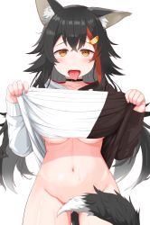 Rule 34 | 1girl, animal ear fluff, animal ears, black hair, breasts, choker, clothes lift, convenient censoring, gluteal fold, hair ornament, hairclip, highres, hololive, hood, hoodie, long hair, midriff, multicolored hair, mystery now, navel, ookami mio, ookami mio (casual), open mouth, orange eyes, red hair, shirt lift, simple background, solo, streaked hair, sweat, tail, tail censor, tongue, tongue out, underboob, uvula, virtual youtuber, white background, wolf ears, wolf girl, wolf tail