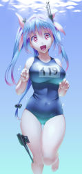 Rule 34 | 10s, 1girl, absurdres, antennae, blue hair, breasts, bubble skirt, collarbone, gradient background, hair ribbon, henshako, highres, i-19 (kancolle), kantai collection, large breasts, long hair, one-piece swimsuit, open mouth, pink eyes, ribbon, school swimsuit, skirt, smile, solo, swimsuit, symbol-shaped pupils, two side up, underwater, very long hair