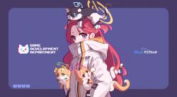 Rule 34 | 1girl, absurdres, animal, animal on head, animalization, aris (blue archive), blue archive, bow, braid, carrying, cat, copyright name, forehead, gna (mtac8272), group name, hair bow, halo, hands in pockets, highres, hood, hooded jacket, jacket, logo, looking at viewer, midori (blue archive), momoi (blue archive), on head, one side up, red hair, sideways glance, simple background, solo, upper body, white jacket, yuzu (blue archive)