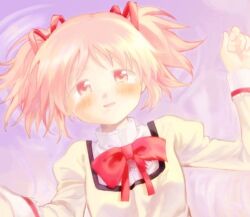 Rule 34 | 1girl, blush, bow, bowtie, collar, collared shirt, commentary request, crying, crying with eyes open, derivative work, hair ribbon, hand up, high collar, juliet sleeves, kaname madoka, lace-trimmed sleeves, lace trim, long sleeves, looking at viewer, lowres, lying, mahou shoujo madoka magica, mahou shoujo madoka magica (anime), mitakihara school uniform, no+bi=, on back, open mouth, palms, pink eyes, pink hair, pov, puffy sleeves, red bow, red bowtie, red ribbon, ribbon, ripples, school uniform, screencap redraw, shirt, short hair, short twintails, smile, solo, straight-on, tears, twintails, upper body, white collar, yellow shirt, yellow sleeves