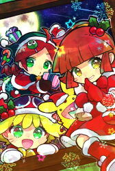 Rule 34 | 3girls, ahoge, amitie (puyopuyo), andou ringo, arle nadja, blonde hair, bow, brown eyes, brown hair, brown mittens, candy, candy cane, capelet, carbuncle (puyopuyo), christmas, christmas stocking, doradorakingyo, drill hair, eyelashes, finger to mouth, food, full moon, gift, green bow, green eyes, green headwear, hair ornament, hairclip, hat, holding, holding gift, holding sock, mistletoe, mittens, moon, multiple girls, over shoulder, party popper, ponytail, puyo (puyopuyo), puyopuyo, puyopuyo 7, puyopuyo fever, puyopuyo quest, red capelet, red headwear, red mittens, santa costume, santa hat, shushing, snowflakes, star in mouth, twin drills, twitter username, white bag, white mittens