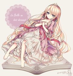 Rule 34 | 1girl, artist name, barefoot, blonde hair, blue eyes, book, breasts, cleavage, copyright name, french text, grimm&#039;s fairy tales, long hair, open book, original, signature, sleeping beauty, sleeping beauty (character), solo, tsukikage nemu, twitter username, very long hair