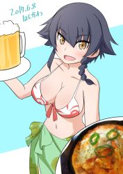 Rule 34 | 10s, 1girl, alcohol, artist name, beer, beer mug, bikini, black hair, braid, breasts, brown eyes, commentary request, cup, dated, food, front-tie bikini top, front-tie top, girls und panzer, green sarong, highres, holding, holding food, hoshikawa (hoshikawa gusuku), looking at viewer, medium breasts, mug, navel, one-hour drawing challenge, open mouth, partial commentary, pepperoni (girls und panzer), photo inset, red bikini, sarong, short hair, side braid, signature, smile, solo, standing, swimsuit, tray