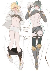 Rule 34 | absurdres, alhaitham (genshin impact), black gloves, blonde hair, blush, book, dakimakura (medium), detached sleeves, earrings, full body, genshin impact, gloves, grey hair, highres, holding, holding book, hwan (mob hwan), jewelry, kaveh (genshin impact), looking at viewer, lying, male focus, male underwear, multicolored hair, nipples, on back, open clothes, pants, parted lips, partially fingerless gloves, red eyes, shirt, sketch, sweat, torn clothes, torn pants, underwear