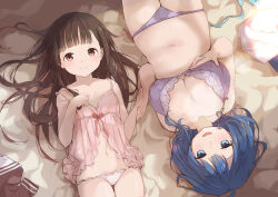 2girls absurdres alternate_costume babydoll bed blue_eyes blue_hair blush breasts brown_eyes brown_hair cleavage closed_mouth commentary_request grabbing_own_breast half-closed_eyes highres large_breasts legs long_hair looking_at_viewer lying make_heroine_ga_oo_sugiru! medium_hair multiple_girls nacel navel nukumizu_kaju open_mouth painnico seductive_smile small_breasts smile take_your_pick thighs underwear yanami_anna