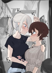 Rule 34 | 2girls, akaboshi koume, alternate hairstyle, black shirt, blue eyes, blush, brown hair, casual, clothes around waist, clothing cutout, commentary request, dress, from side, girls und panzer, grey dress, greyscale, hair up, heart, highres, itsumi erika, jewelry, kabedon, looking at another, medium hair, monochrome, multiple girls, necklace, parted lips, partial commentary, partially colored, shirt, short sleeves, shoulder cutout, silver hair, standing, striped clothes, striped dress, sweat, sweater, sweater around waist, toku (yhpv8752), train interior, translated, vertical-striped clothes, vertical-striped dress, wavy hair, yuri