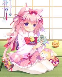 Rule 34 | 1girl, animal, animal ears, azur lane, ball, bell, blush, bow, brown footwear, cat ears, cat girl, cat tail, cherry blossoms, closed mouth, commentary request, dog, flower, frilled skirt, frills, full body, fur collar, hair between eyes, hair flower, hair ornament, hair ribbon, holding, holding ball, indoors, japanese clothes, jingle bell, kimono, kisaragi (azur lane), kisaragi (new year&#039;s wish) (azur lane), long hair, long sleeves, looking at viewer, obi, pantyhose, pink flower, pink hair, pink skirt, purinpurin, purple eyes, red bow, red ribbon, ribbon, sandals, sash, seiza, short kimono, sitting, skirt, smile, solo, tail, temari ball, white kimono, white pantyhose, wide sleeves, zouri