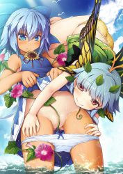 Rule 34 | 2girls, antenna, bare shoulders, bird, blue bow, blue dress, blue hair, blue sky, blush, bow, bow panties, brown eyes, butterfly wings, chima q, cirno, closed mouth, clothes lift, day, dress, dress lift, eternity larva, gluteal fold, hair between eyes, hair bow, hair ornament, hidden star in four seasons, highres, insect wings, leaf hair ornament, lifted by self, looking down, multiple girls, one-piece tan, open mouth, outdoors, panties, panty pull, polka dot, polka dot panties, sky, standing, tan, tanline, tanned cirno, tears, touhou, underwear, wading, wet, wings, yellow panties