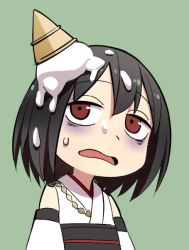 Rule 34 | 10s, 1girl, bags under eyes, black hair, brown eyes, detached sleeves, food, food on head, green background, ice cream, ice cream cone, kantai collection, kinosuke (sositeimanoga), nontraditional miko, object on head, short hair, simple background, solo, upper body, yamashiro (kancolle)